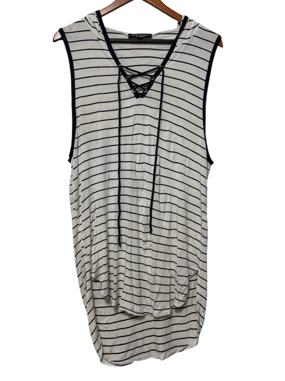 Vintage Green Envelope Navy Striped Lace-Up Swim Cover-Up Hooded Dress Small